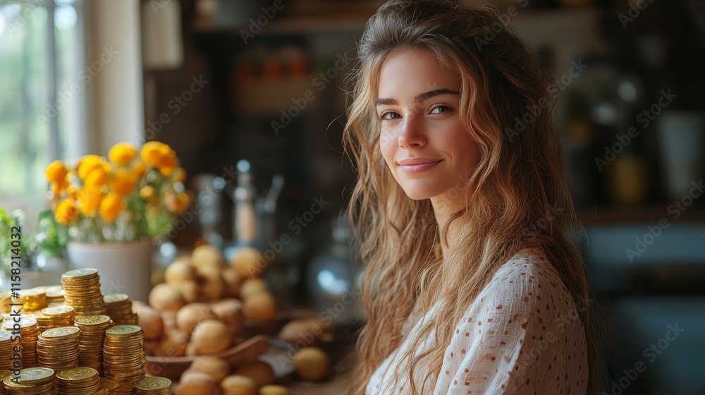 Young Woman with Long Curly Hair Smiling Near a Stack of Gold Coins Young Woman with Long Curly Hair Smiling Near a Stack of Gold Coins