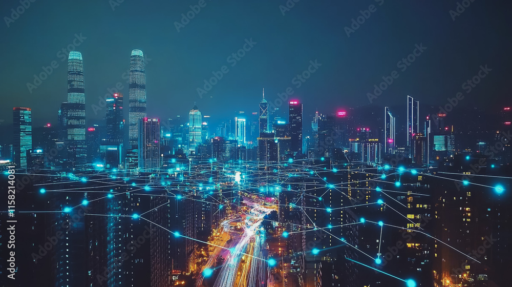 Smart digital Innovation city with connection network reciprocity over the cityscape. of future smart wireless digital city and social media networking systems that connects people with in city Smart digital Innovation city with connection network reciprocity over the cityscape. of future smart wireless digital city and social media networking systems that connects people with in city