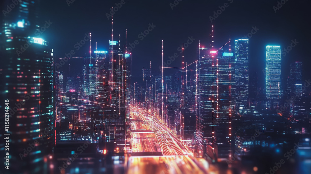 Smart digital Innovation city with connection network reciprocity over the cityscape. of future smart wireless digital city and social media networking systems that connects people with in city Smart digital Innovation city with connection network reciprocity over the cityscape. of future smart wireless digital city and social media networking systems that connects people with in city