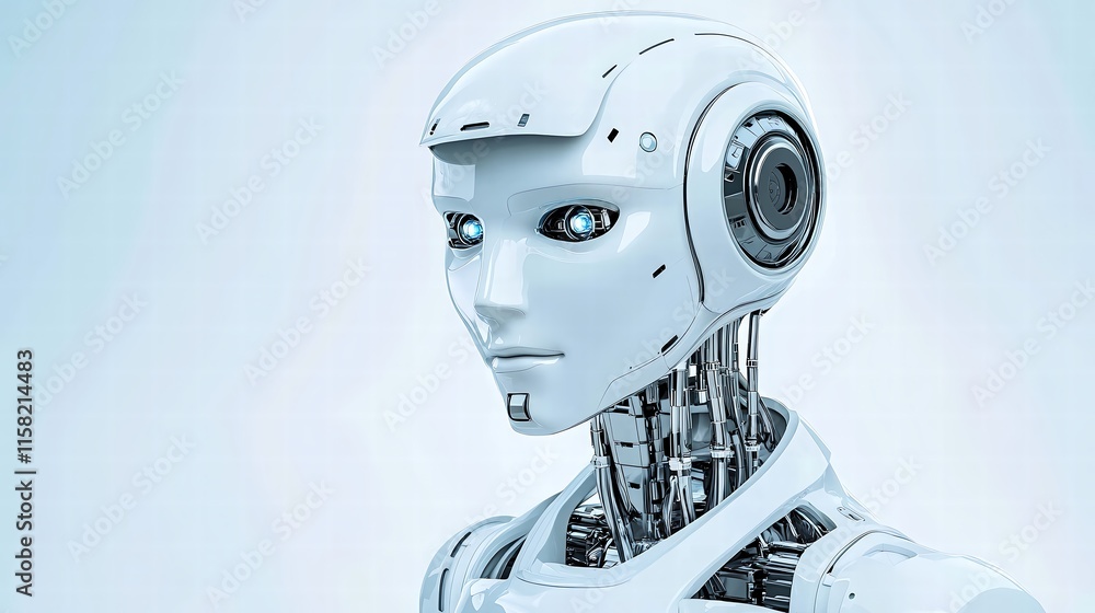 Naklejka premium Humanoid robot in a contemplative pose, displayed in a futuristic studio with copy space, professional advertising, balanced composition,