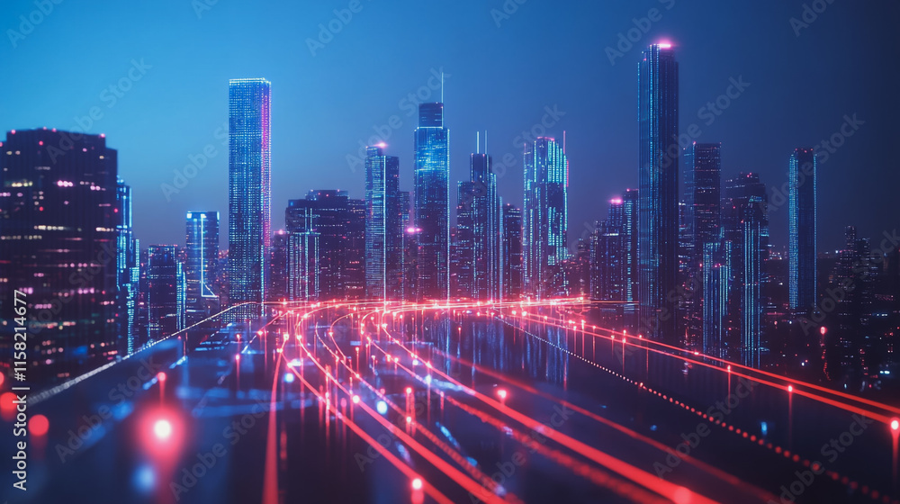 Fototapeta premium Smart digital Innovation city with connection network reciprocity over the cityscape. of future smart wireless digital city and social media networking systems that connects people with in city