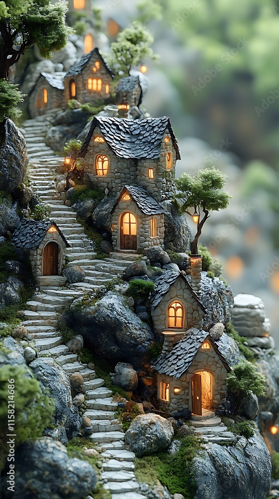 Fototapeta premium Magical Miniature Village Houses Capturing Fairy Tale Dreams in Marble Photo