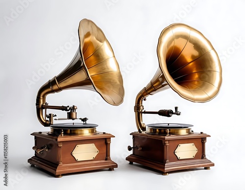 Two Antique Gramophones with Golden Horns and Wooden Bases photo