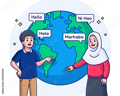 Cartoon man and woman speaking different languages illustration