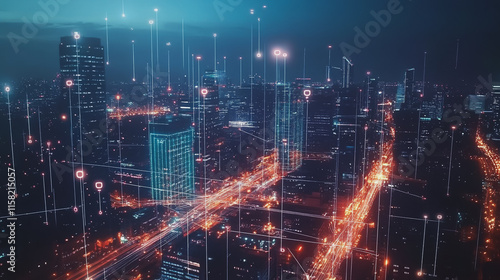 Smart digital Innovation city with connection network reciprocity over the cityscape. of future smart wireless digital city and social media networking systems that connects people with in city