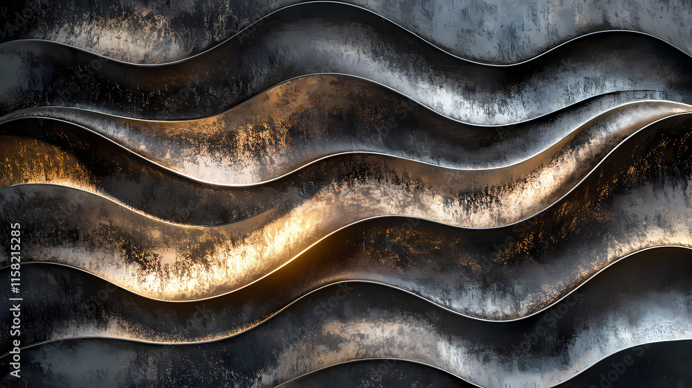 Abstract Metallic Waves: A close-up view of a metallic wall with an abstract undulating pattern, the waves catching the light to create a mesmerizing play of shadows and highlights. Abstract Metallic Waves: A close-up view of a metallic wall with an abstract undulating pattern, the waves catching the light to create a mesmerizing play of shadows and highlights.