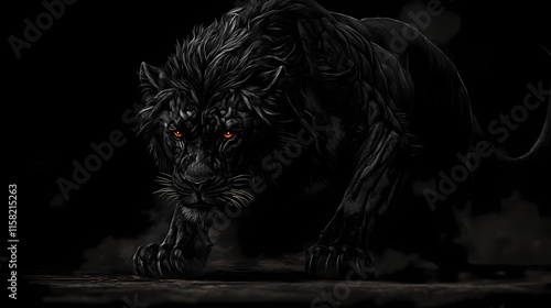 Enigmatic black lion chimera emerging from shadows , mystical, mythical, creature, lion, chimera, black, darkness. Chimera. Illustration photo