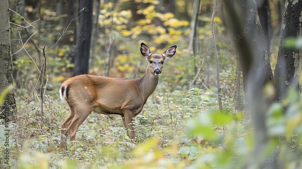 A young deer stands alert in an autumn forest, surrounded by vibrant foliage. A young deer stands alert in an autumn forest, surrounded by vibrant foliage.