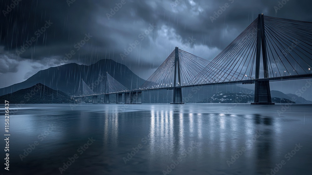Obraz premium A dramatic bridge spans a calm lake under a stormy sky, reflecting the turbulent atmosphere.