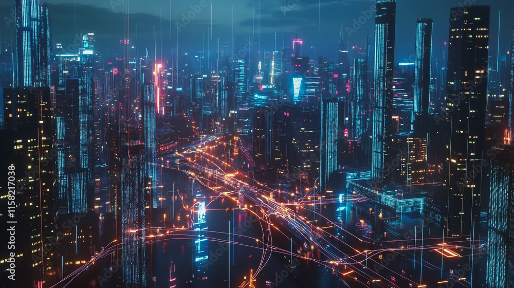 Smart Innovation city with connection cyber security network reciprocity over the night cityscape future wireless digital city and social media networking systems that connects people in the city Smart Innovation city with connection cyber security network reciprocity over the night cityscape future wireless digital city and social media networking systems that connects people in the city