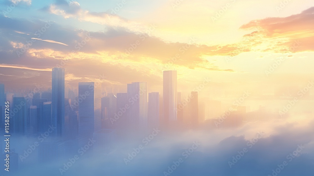 City skyline at dawn with soft fog and colors. City skyline at dawn with soft fog and colors.