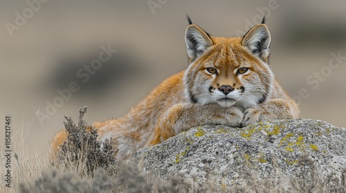A reddish-brown pampas cat rests on a rock, gazing directly at the camera in a natural, outdoor setting.
