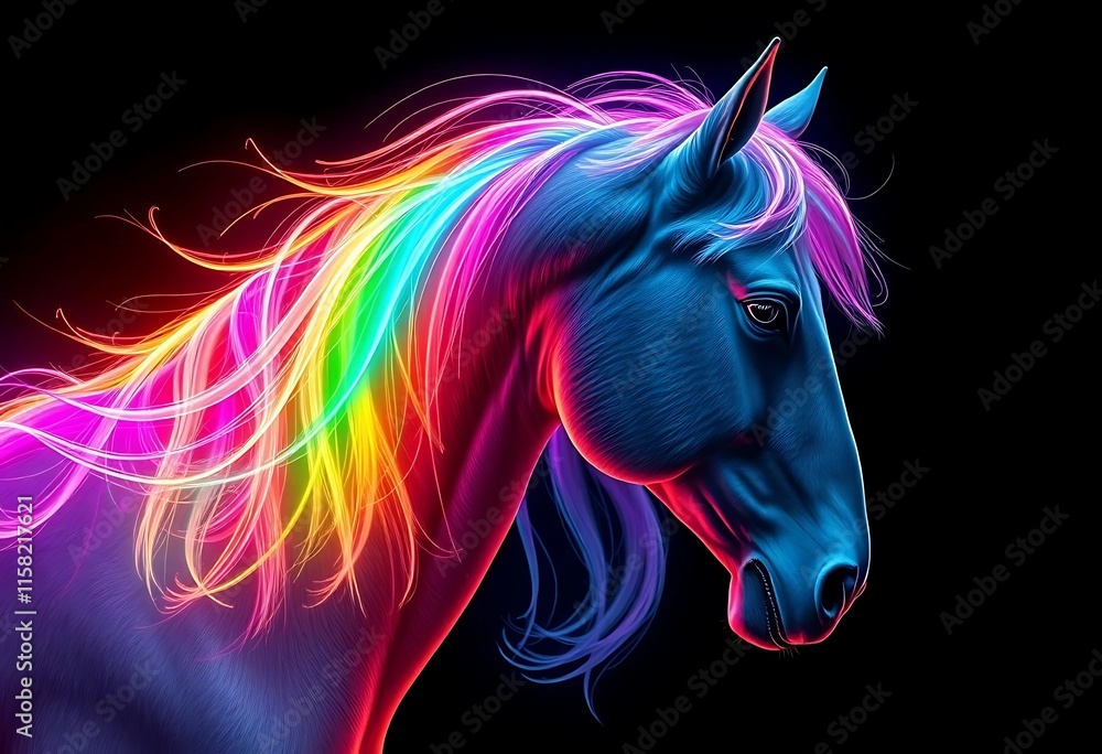 Neon Rainbow Horse Mane Vibrant Digital Art Dark Background Neon Rainbow Horse Mane Vibrant Digital Art Dark Background