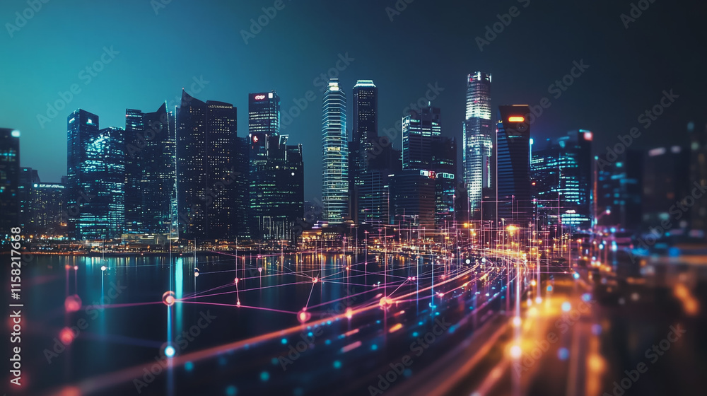 Obraz premium Smart Innovation city with connection cyber security network reciprocity over the night cityscape future wireless digital city and social media networking systems that connects people in the city