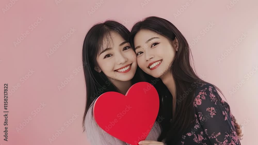 An Asian woman and her daughter joyfully holding a heart-shaped object against a pink background, celebrating Mother's Day with love and warmth An Asian woman and her daughter joyfully holding a heart-shaped object against a pink background, celebrating Mother's Day with love and warmth