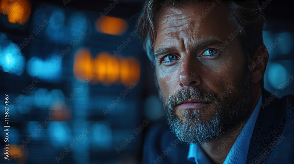 Confident Mature Man in Front of Blurred Tech Background Confident Mature Man in Front of Blurred Tech Background