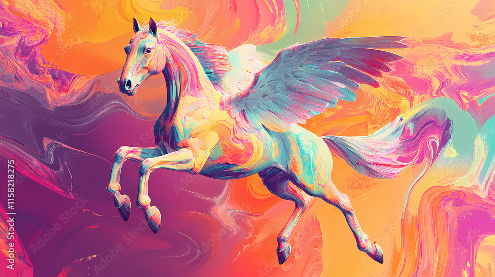 A vivid, generative ai wallpaper featuring an abstract stallion with wings against a contrasting background, embodying the mythical pegasus in vibrant colors. Chimera. Illustration A vivid, generative ai wallpaper featuring an abstract stallion with wings against a contrasting background, embodying the mythical pegasus in vibrant colors. Chimera. Illustration