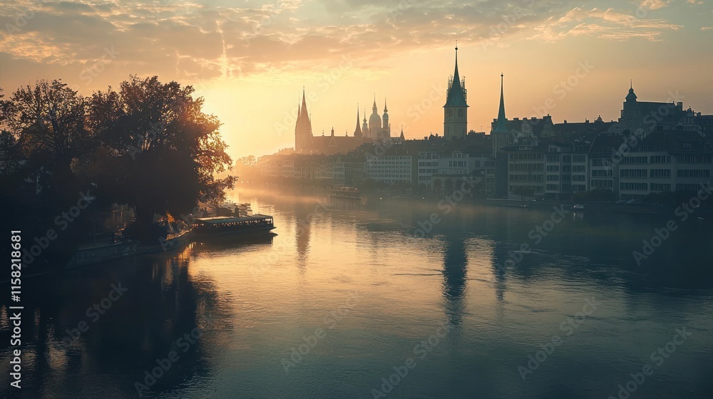 Naklejka premium Serene sunrise over a river with silhouettes of buildings and trees.