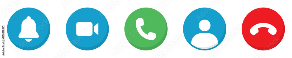 Collection of buttons for the phone call user. Video communication icons. Avatar, video call, handset, notification and mute button. Interface buttons for mobile connection. Vector illustration. Collection of buttons for the phone call user. Video communication icons. Avatar, video call, handset, notification and mute button. Interface buttons for mobile connection. Vector illustration.
