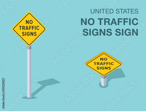 Traffic regulation rules. Isolated United States "no traffic signs" road sign. Front and top view. Flat vector illustration template.