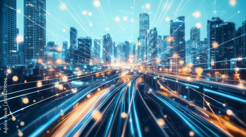 Dynamic cityscape illuminated by glowing lights. Dynamic cityscape illuminated by glowing lights.