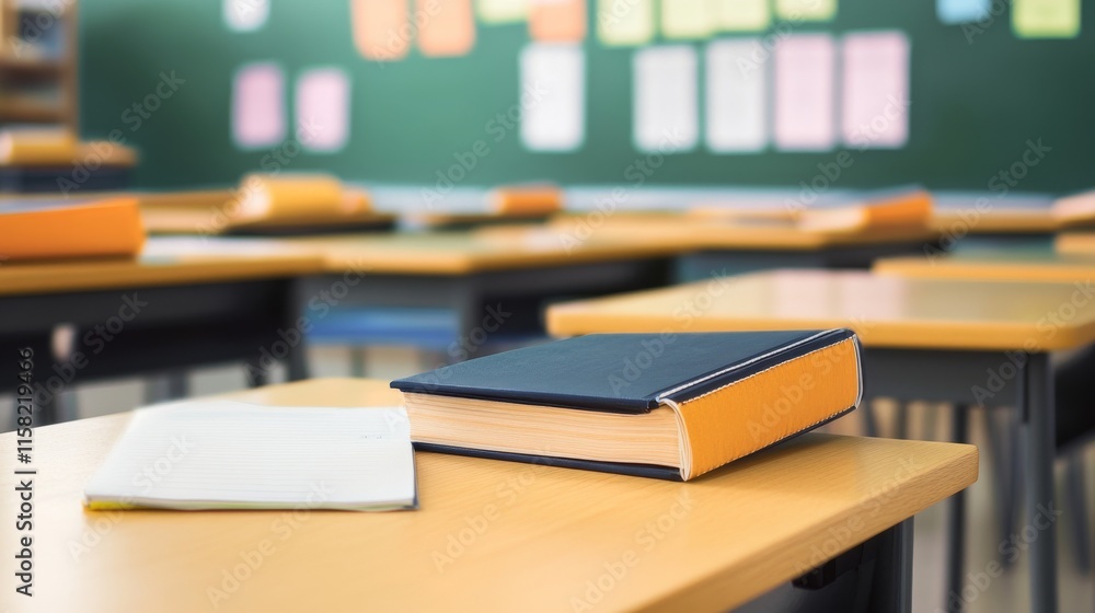 Empty classroom with books on desks. Empty classroom with books on desks.