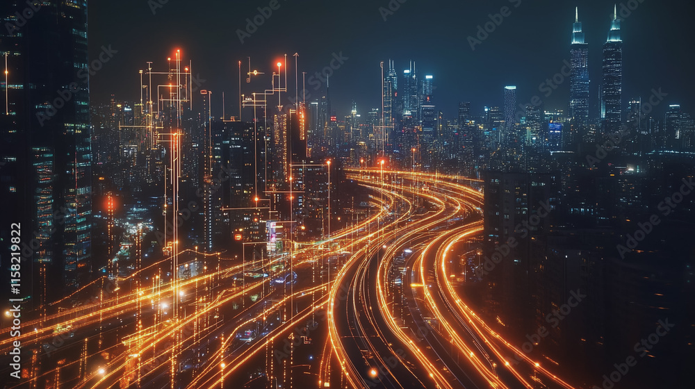 Smart Innovation city with connection cyber security network reciprocity over the night cityscape future wireless digital city and social media networking systems that connects people in the city Smart Innovation city with connection cyber security network reciprocity over the night cityscape future wireless digital city and social media networking systems that connects people in the city