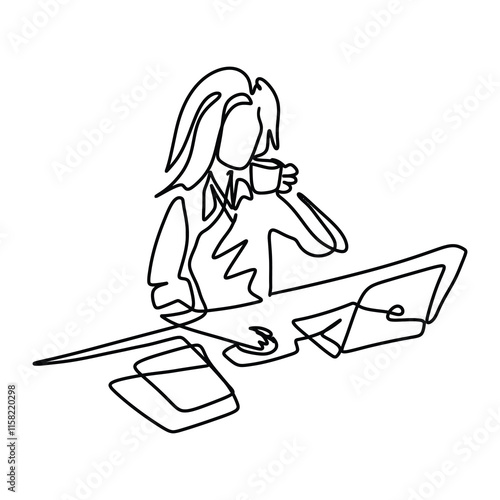Secretary On Computer Office Graphic Design Line Art Vector Decoration