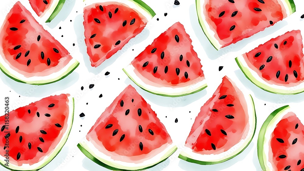 Seamless pattern of watercolor watermelon slices on a white background, perfect for summertime fabric or wrapping paper. Seamless pattern of watercolor watermelon slices on a white background, perfect for summertime fabric or wrapping paper.
