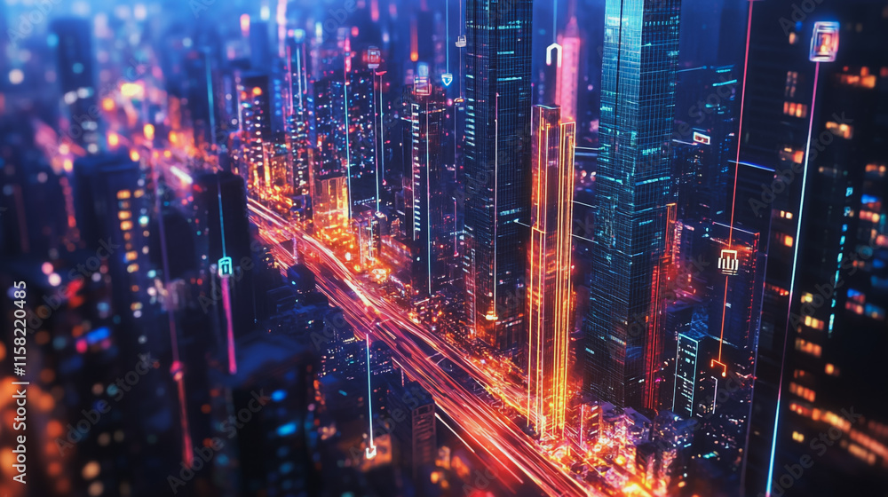 Smart Innovation city with connection cyber security network reciprocity over the night cityscape future wireless digital city and social media networking systems that connects people in the city Smart Innovation city with connection cyber security network reciprocity over the night cityscape future wireless digital city and social media networking systems that connects people in the city