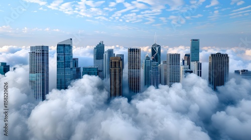 A breathtaking aerial view of a modern city, with towering skyscrapers rising dramatically above a sea of clouds.