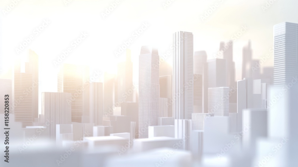 Futuristic skyline with soft sunlight glow. Futuristic skyline with soft sunlight glow.