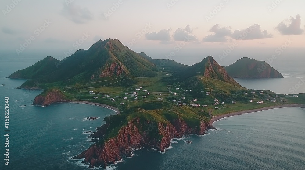 Naklejka premium Aerial view of a serene island with mountains, ocean, and small village at dawn.