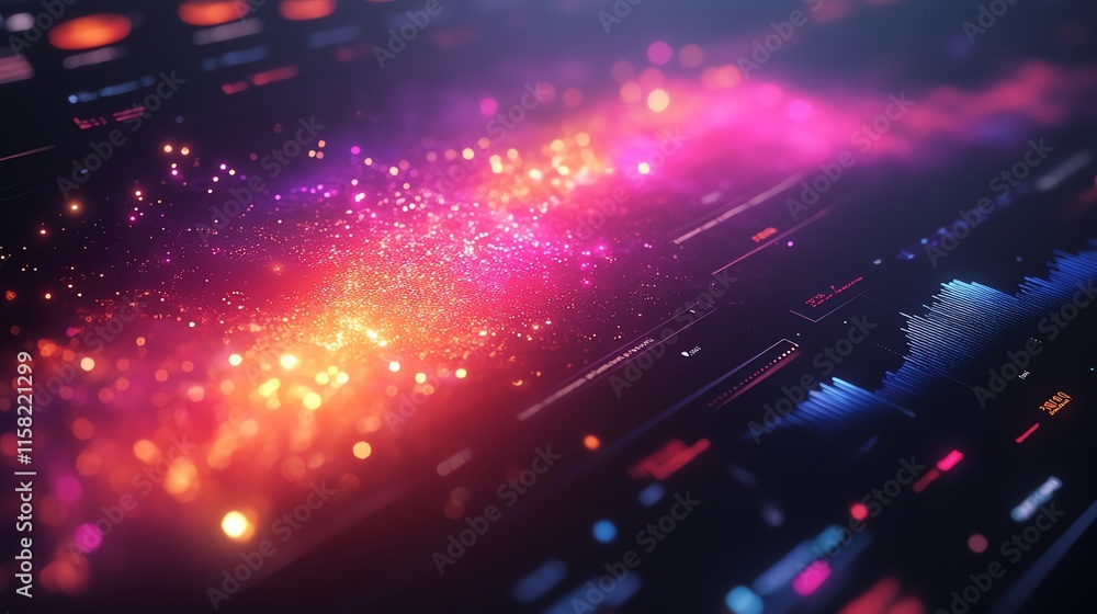 Fototapeta premium A vibrant digital visualization of sound waves and cosmic elements.