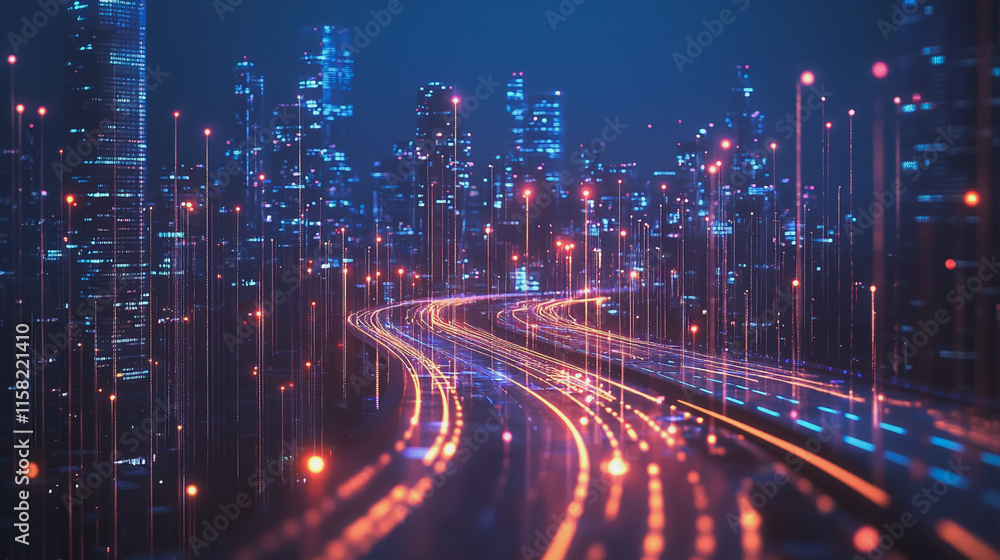 Fototapeta premium Smart Innovation city with connection cyber security network reciprocity over the night cityscape future wireless digital city and social media networking systems that connects people in the city