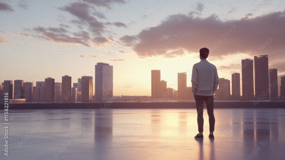 Man gazing at city skyline during sunset. Man gazing at city skyline during sunset.