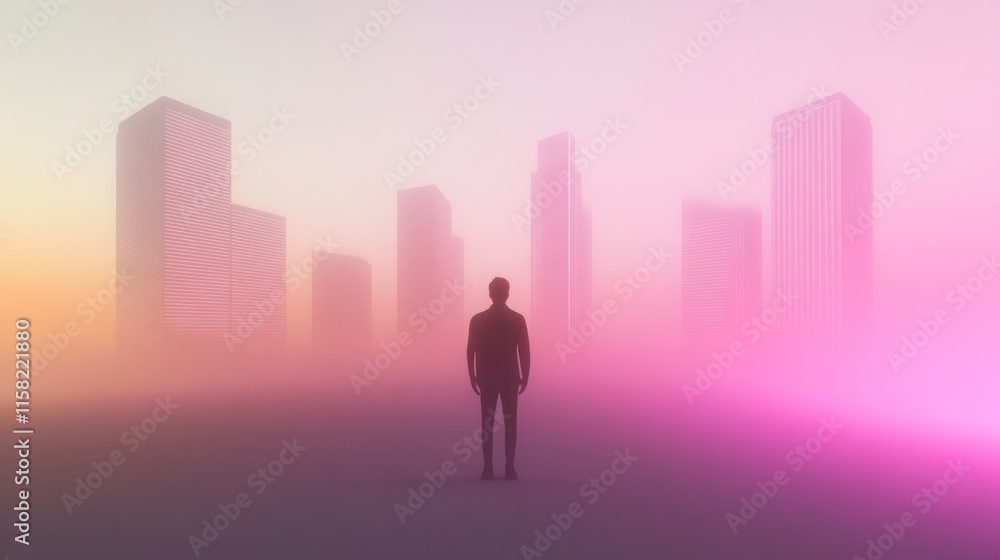 Man stands in foggy cityscape, embracing solitude. Man stands in foggy cityscape, embracing solitude.
