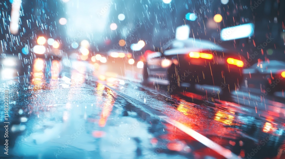 Fototapeta premium A rainy urban scene with blurred lights and reflections on wet pavement.