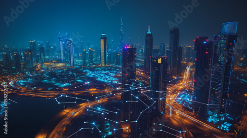 Smart digital Innovation city with connection network reciprocity over the cityscape. of future smart wireless digital city and social media networking systems that connects people with in city