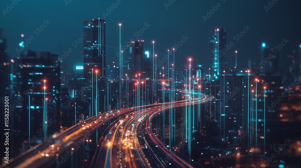 Obraz premium Smart digital Innovation city with connection network reciprocity over the cityscape. of future smart wireless digital city and social media networking systems that connects people with in city