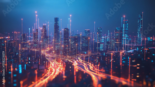 Smart digital Innovation city with connection network reciprocity over the cityscape. of future smart wireless digital city and social media networking systems that connects people with in city