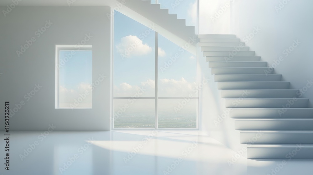 Obraz premium Modern interior with elegant stairway and light.