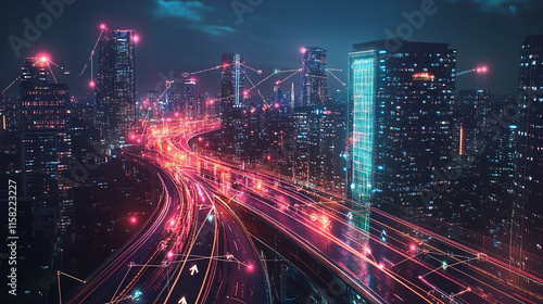 Smart digital Innovation city with connection network reciprocity over the cityscape. of future smart wireless digital city and social media networking systems that connects people with in city