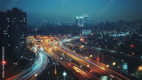 Smart digital Innovation city with connection network reciprocity over the cityscape. of future smart wireless digital city and social media networking systems that connects people with in city