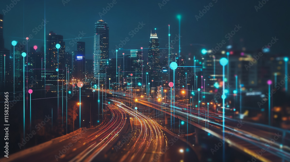 Naklejka premium Smart digital Innovation city with connection network reciprocity over the cityscape. of future smart wireless digital city and social media networking systems that connects people with in city