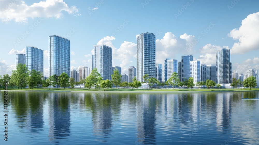 Modern skyline reflecting on tranquil water. Modern skyline reflecting on tranquil water.
