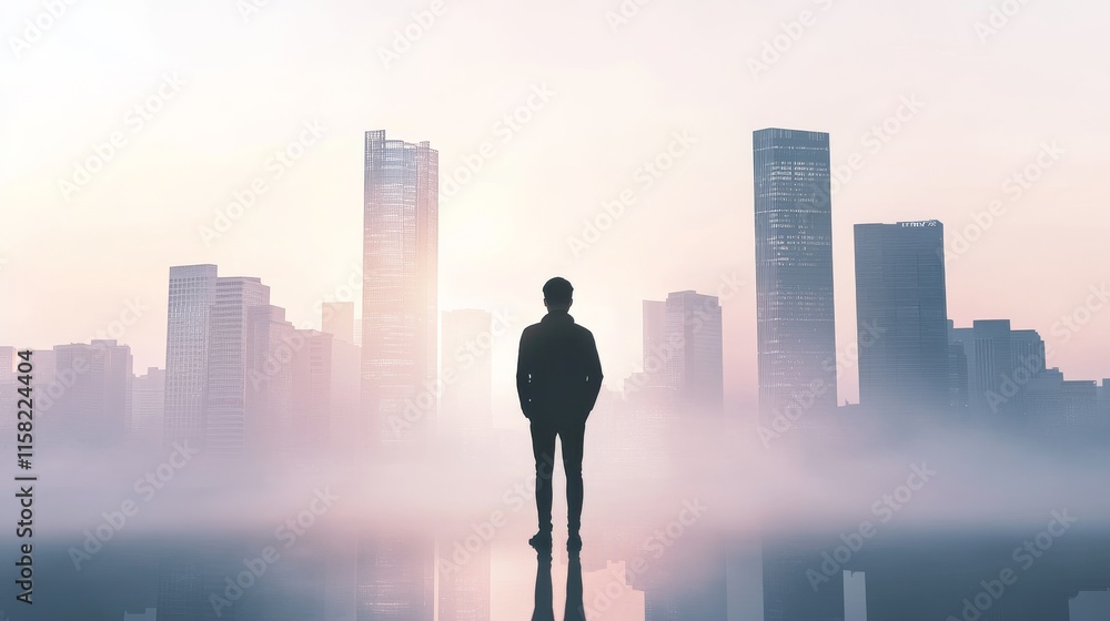 Person silhouetted against foggy skyline Person silhouetted against foggy skyline