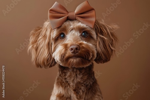 A 2025 trend image of a muted mocha brown Labradoodle wearing a large mocha satin bow, set against a brown background.. photo