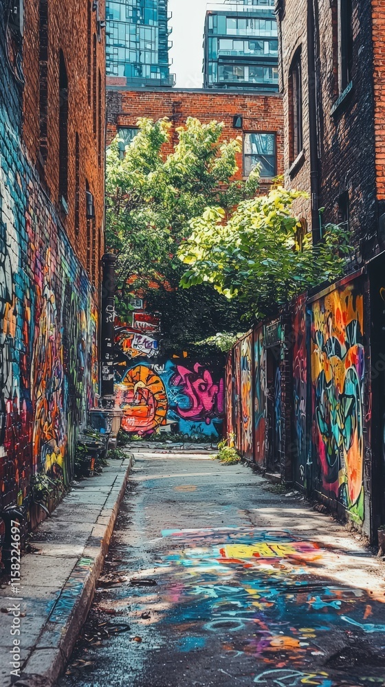 Fototapeta premium A gritty urban graffiti wall showcasing bold Mocha Mousse street art with vibrant neon accents, creating a striking visual contrast..
