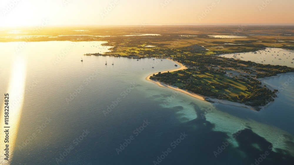 Fototapeta premium Serene aerial view of a coastal landscape.